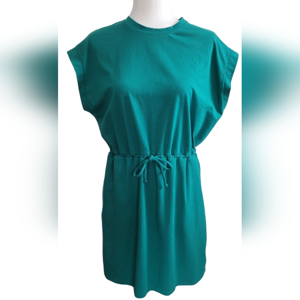 A New Day Green Cap Sleeve A-line Mini Dress with Drawstring Waist Women's Large